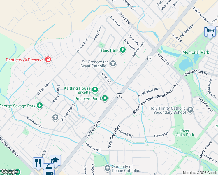 map of restaurants, bars, coffee shops, grocery stores, and more near 3034 Preserve Drive in Oakville