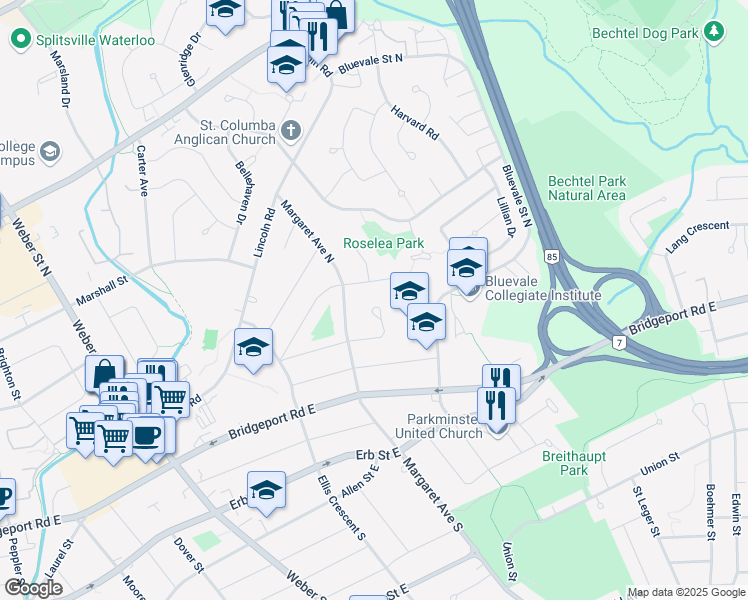 map of restaurants, bars, coffee shops, grocery stores, and more near 246 Murdock Avenue in Waterloo