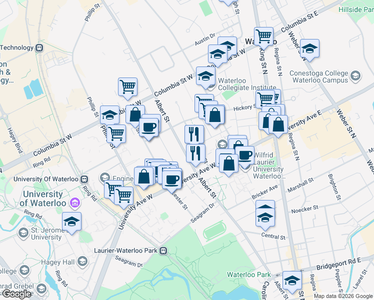 map of restaurants, bars, coffee shops, grocery stores, and more near 250 Albert Street in Waterloo