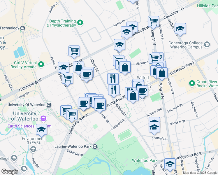 map of restaurants, bars, coffee shops, grocery stores, and more near 250 Albert Street in Waterloo