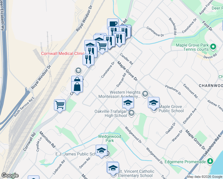 map of restaurants, bars, coffee shops, grocery stores, and more near 1477 Duncan Road in Oakville