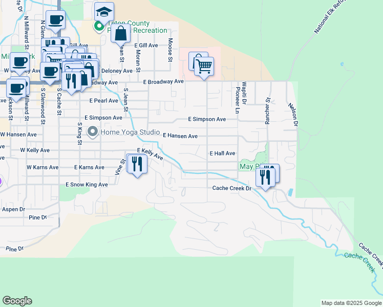 map of restaurants, bars, coffee shops, grocery stores, and more near 543 East Hall Avenue in Jackson