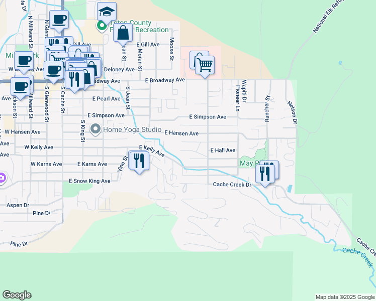 map of restaurants, bars, coffee shops, grocery stores, and more near 527 East Hall Avenue in Jackson
