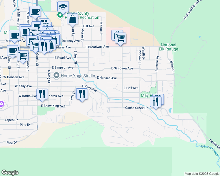 map of restaurants, bars, coffee shops, grocery stores, and more near 525 East Hall Avenue in Jackson