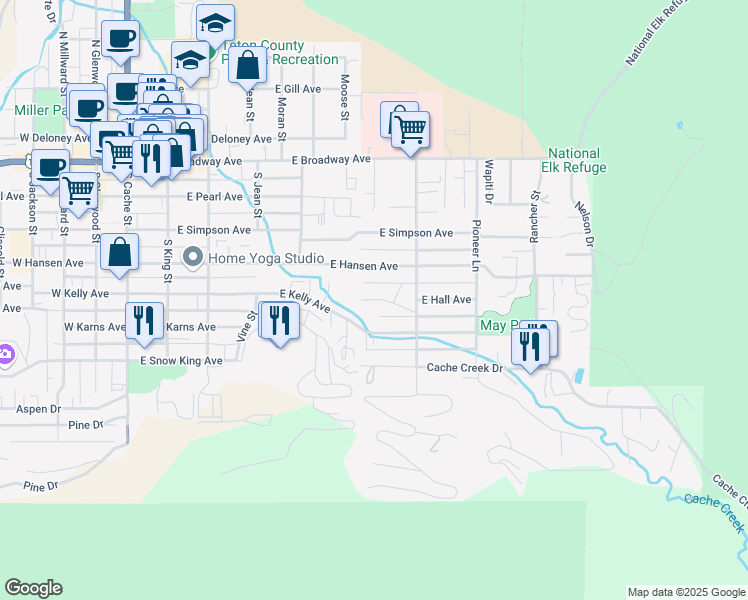 map of restaurants, bars, coffee shops, grocery stores, and more near 523 East Hall Avenue in Jackson