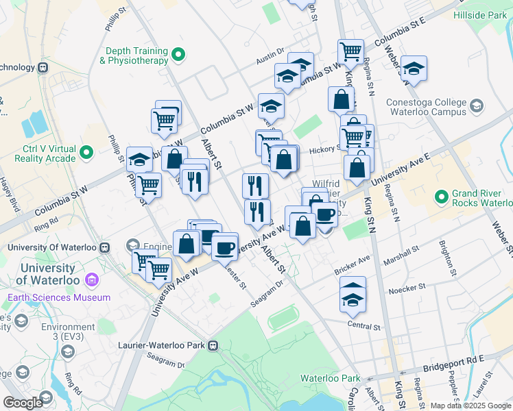 map of restaurants, bars, coffee shops, grocery stores, and more near in Waterloo