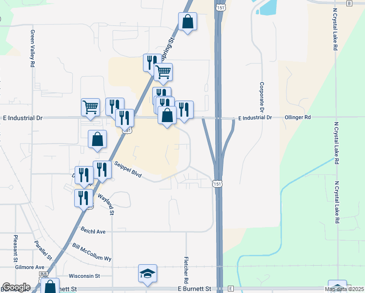 map of restaurants, bars, coffee shops, grocery stores, and more near 203 East Industrial Drive in Beaver Dam