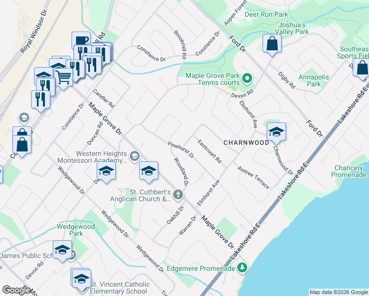 map of restaurants, bars, coffee shops, grocery stores, and more near 281 Pinehurst Drive in Oakville