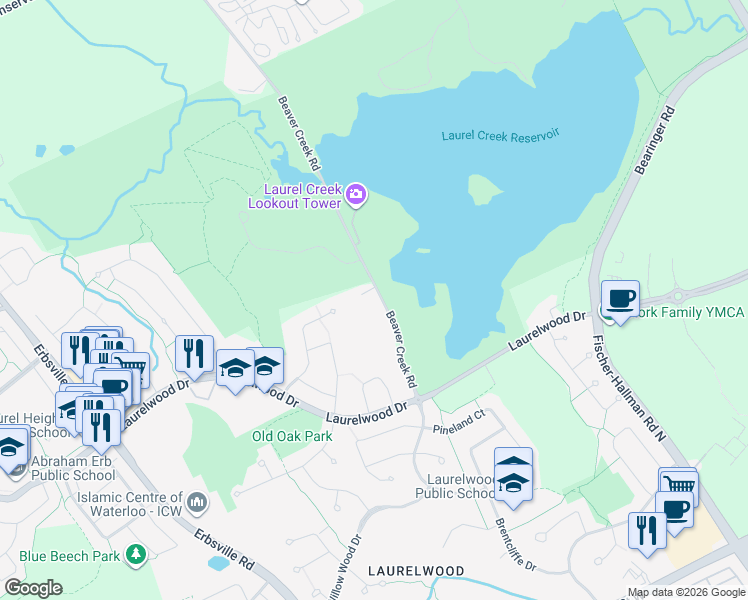 map of restaurants, bars, coffee shops, grocery stores, and more near 515 Beaver Creek Road in Waterloo