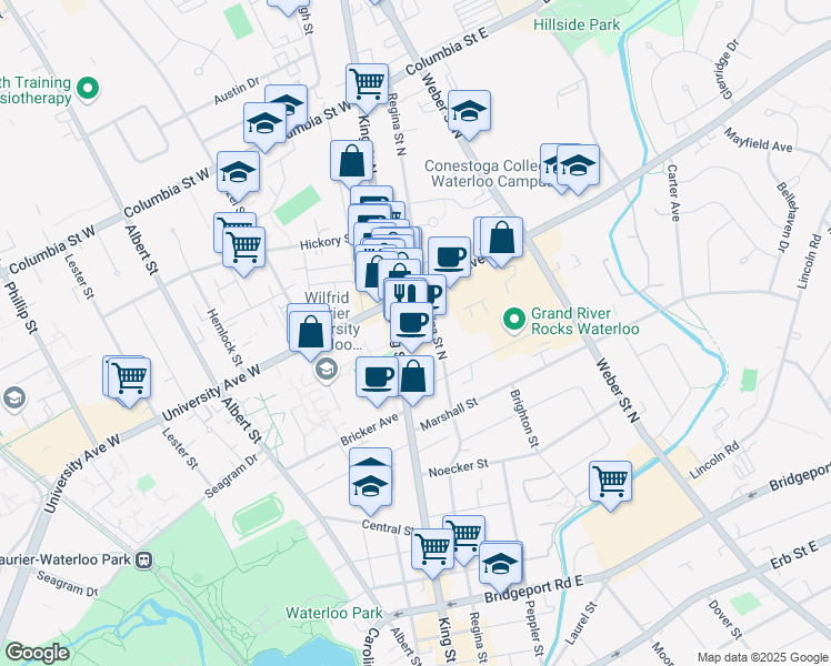 map of restaurants, bars, coffee shops, grocery stores, and more near 248 King Street North in Waterloo