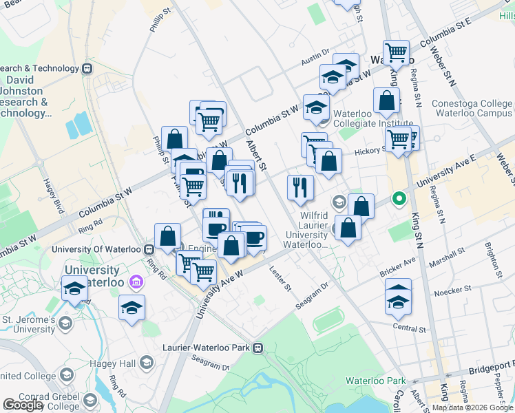 map of restaurants, bars, coffee shops, grocery stores, and more near 109 Hickory Street West in Waterloo