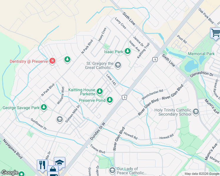 map of restaurants, bars, coffee shops, grocery stores, and more near Lane 142 in Oakville