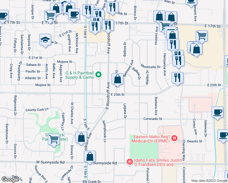 map of restaurants, bars, coffee shops, grocery stores, and more near 2389 South Woodruff Avenue in Idaho Falls