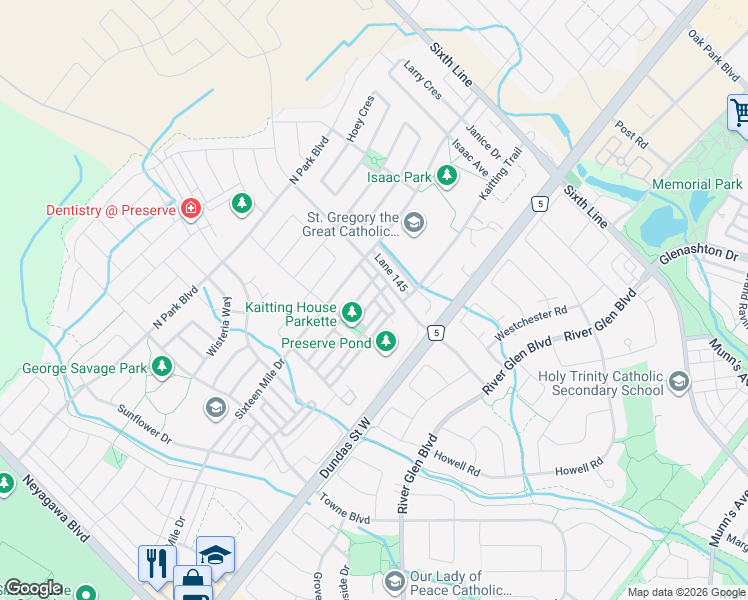 map of restaurants, bars, coffee shops, grocery stores, and more near Betsy Drive in Oakville