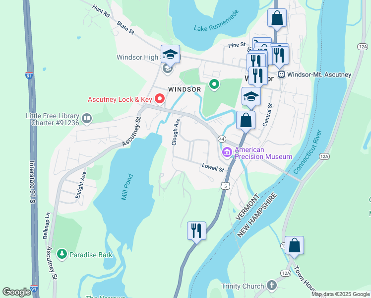 map of restaurants, bars, coffee shops, grocery stores, and more near 11 Buena Vista Court in Windsor