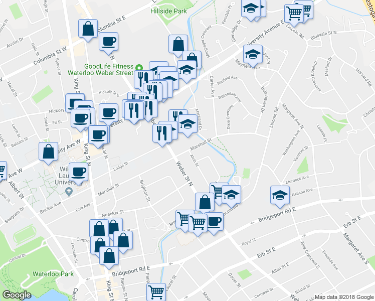 map of restaurants, bars, coffee shops, grocery stores, and more near 132 Marshall Street in Waterloo