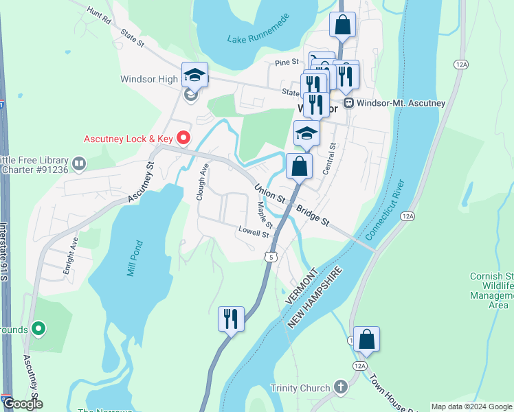 map of restaurants, bars, coffee shops, grocery stores, and more near 85 Union Street in Windsor