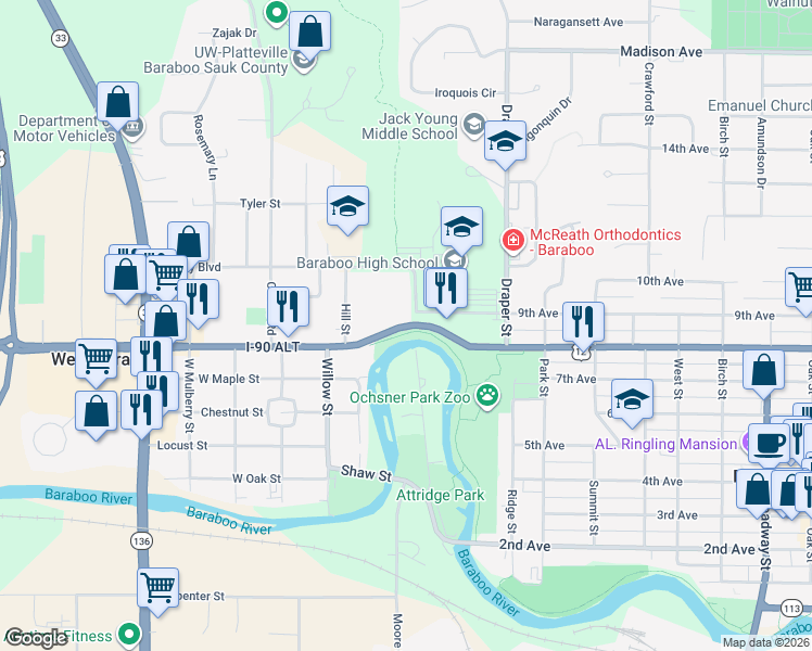 map of restaurants, bars, coffee shops, grocery stores, and more near 910 8th Ave in Baraboo