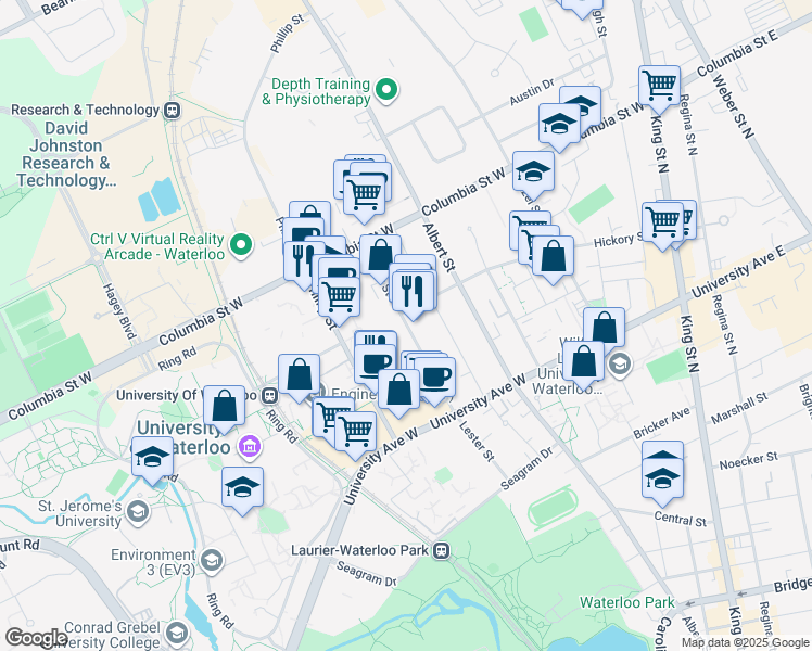 map of restaurants, bars, coffee shops, grocery stores, and more near 280 Lester Street in Waterloo