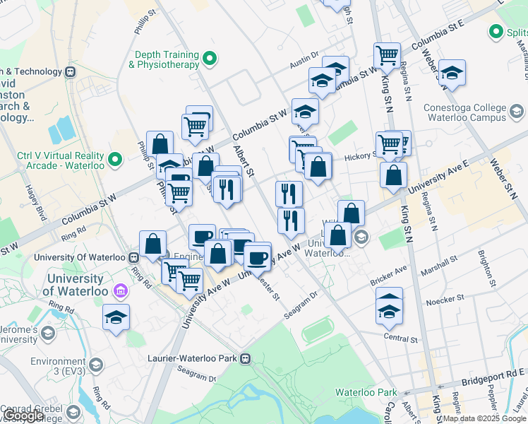 map of restaurants, bars, coffee shops, grocery stores, and more near 253 Albert Street in Waterloo