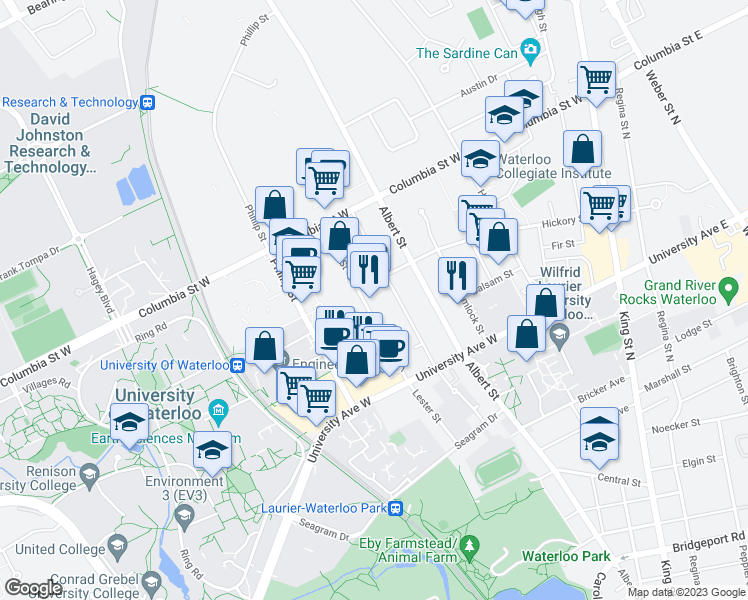map of restaurants, bars, coffee shops, grocery stores, and more near 280 Lester Street in Waterloo