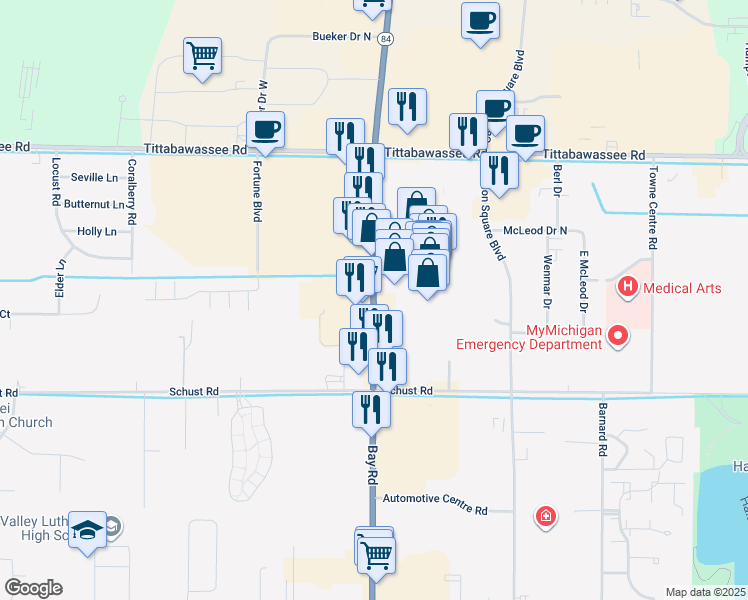map of restaurants, bars, coffee shops, grocery stores, and more near 4600 Bay Road in Saginaw