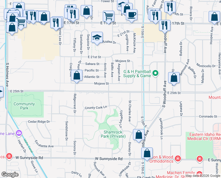 map of restaurants, bars, coffee shops, grocery stores, and more near 1263 East 25th Street in Idaho Falls