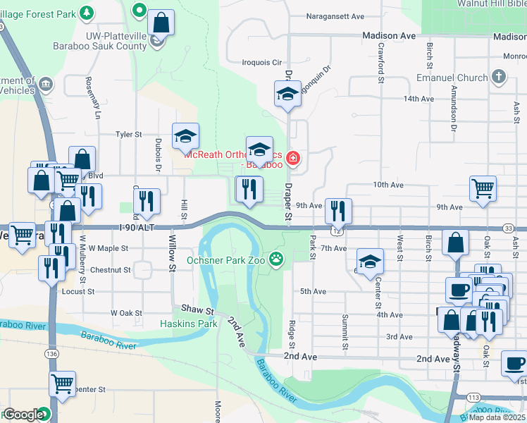 map of restaurants, bars, coffee shops, grocery stores, and more near 835 9th Avenue in Baraboo