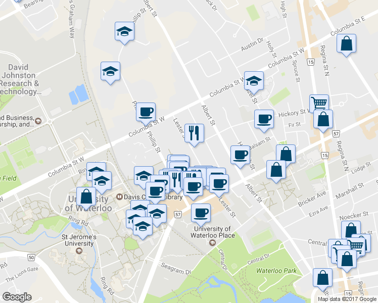 map of restaurants, bars, coffee shops, grocery stores, and more near 295B Lester Street in Waterloo