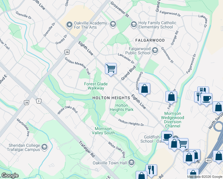 map of restaurants, bars, coffee shops, grocery stores, and more near 525 Grand Boulevard in Oakville