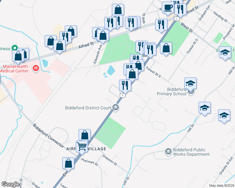 map of restaurants, bars, coffee shops, grocery stores, and more near 4 Lindale Avenue in Biddeford