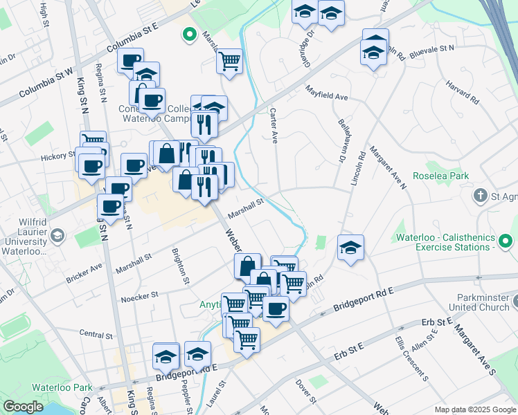 map of restaurants, bars, coffee shops, grocery stores, and more near 133 Marshall Street in Waterloo