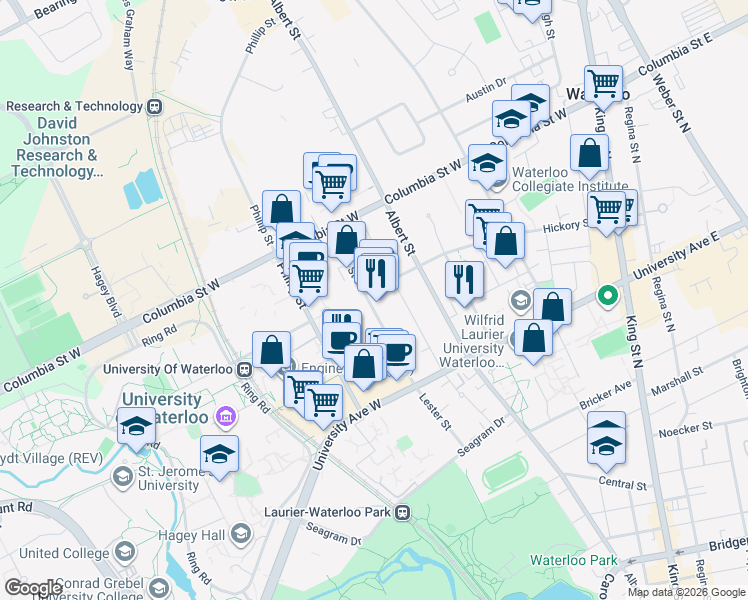 map of restaurants, bars, coffee shops, grocery stores, and more near 109 Hickory Street West in Waterloo