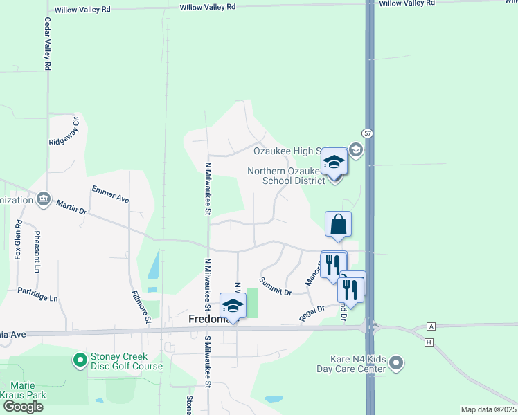 map of restaurants, bars, coffee shops, grocery stores, and more near 364 Hickory Drive in Fredonia