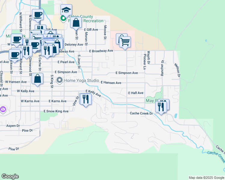 map of restaurants, bars, coffee shops, grocery stores, and more near 525 East Hall Avenue in Jackson