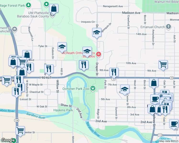 map of restaurants, bars, coffee shops, grocery stores, and more near 835 9th Avenue in Baraboo