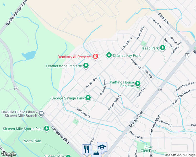 map of restaurants, bars, coffee shops, grocery stores, and more near 3209 Daisy Way in Oakville