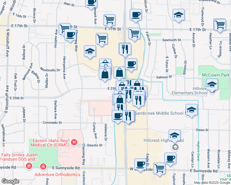 map of restaurants, bars, coffee shops, grocery stores, and more near 2460 E 25th St in Idaho Falls