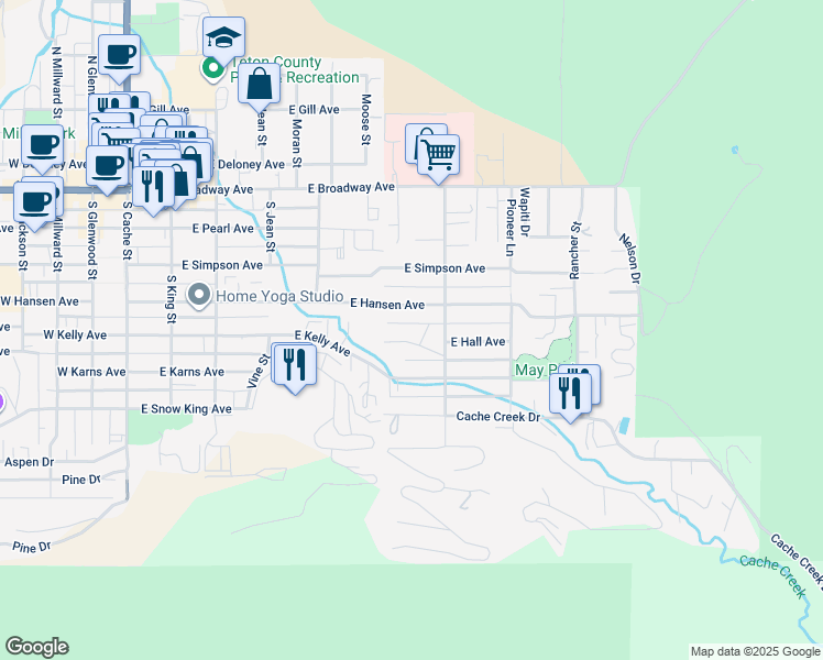 map of restaurants, bars, coffee shops, grocery stores, and more near 543 East Hall Avenue in Jackson