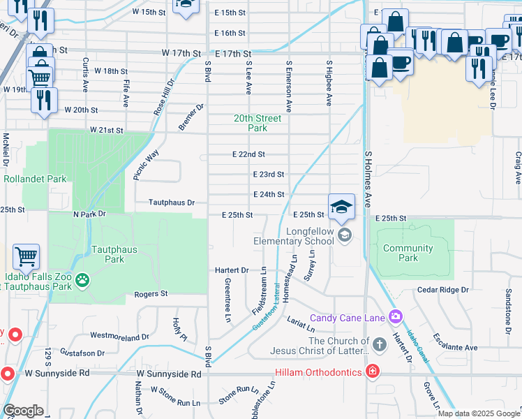map of restaurants, bars, coffee shops, grocery stores, and more near 214 East 24th Street in Idaho Falls