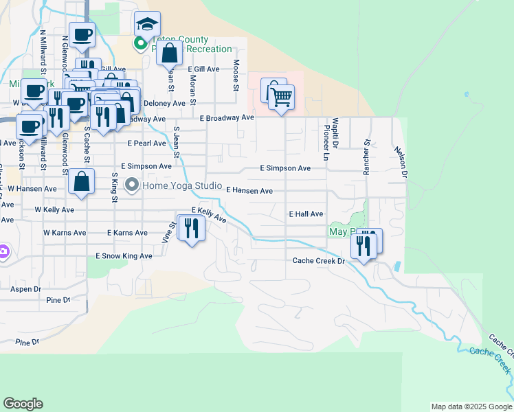 map of restaurants, bars, coffee shops, grocery stores, and more near 527 East Hall Avenue in Jackson