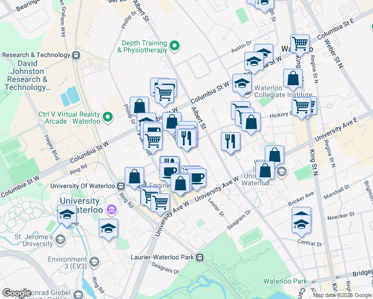 map of restaurants, bars, coffee shops, grocery stores, and more near 280 Lester Street in Waterloo