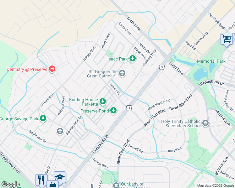 map of restaurants, bars, coffee shops, grocery stores, and more near 3053 Preserve Drive in Oakville