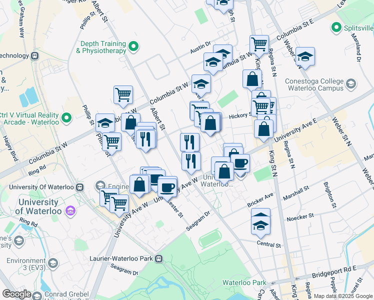 map of restaurants, bars, coffee shops, grocery stores, and more near 257 Hemlock Street in Waterloo