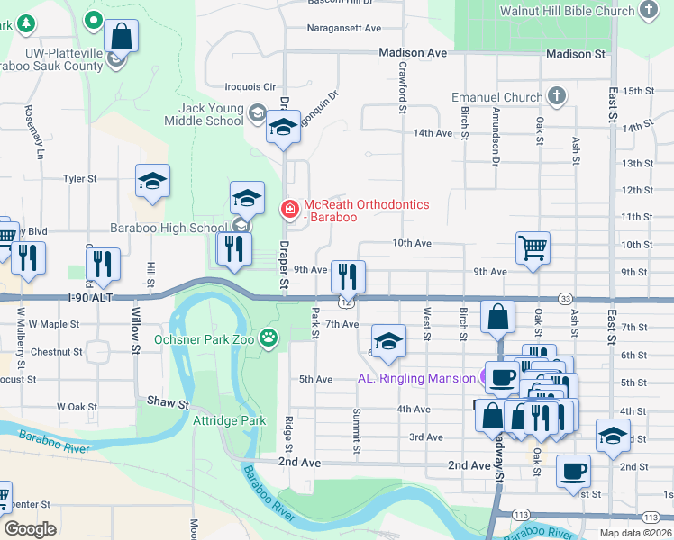 map of restaurants, bars, coffee shops, grocery stores, and more near 624 9th Avenue in Baraboo
