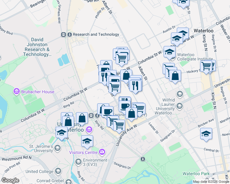 map of restaurants, bars, coffee shops, grocery stores, and more near 330 Phillip Street in Waterloo