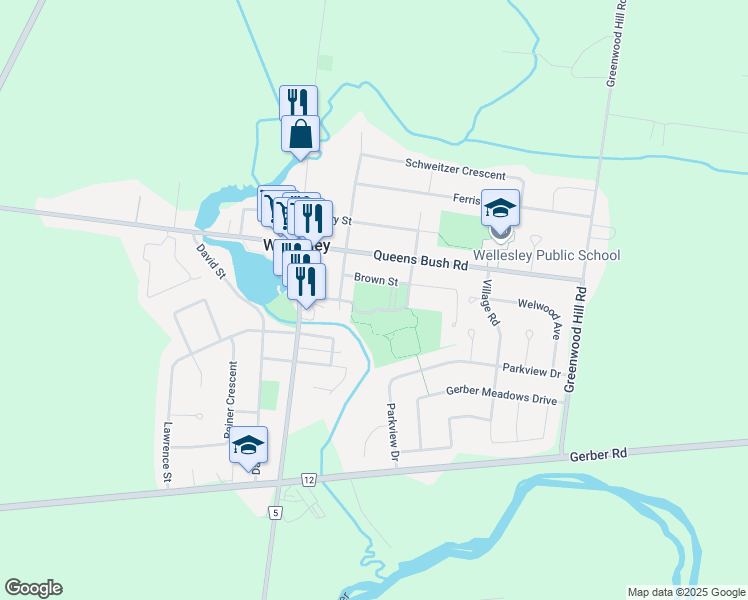 map of restaurants, bars, coffee shops, grocery stores, and more near 1004 Catherine Street in Wellesley