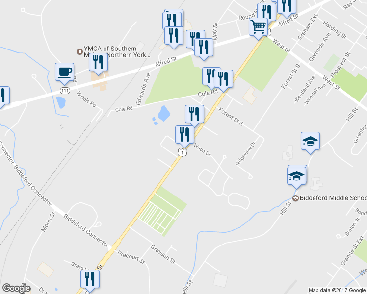 map of restaurants, bars, coffee shops, grocery stores, and more near 4 Lindale Avenue in Biddeford