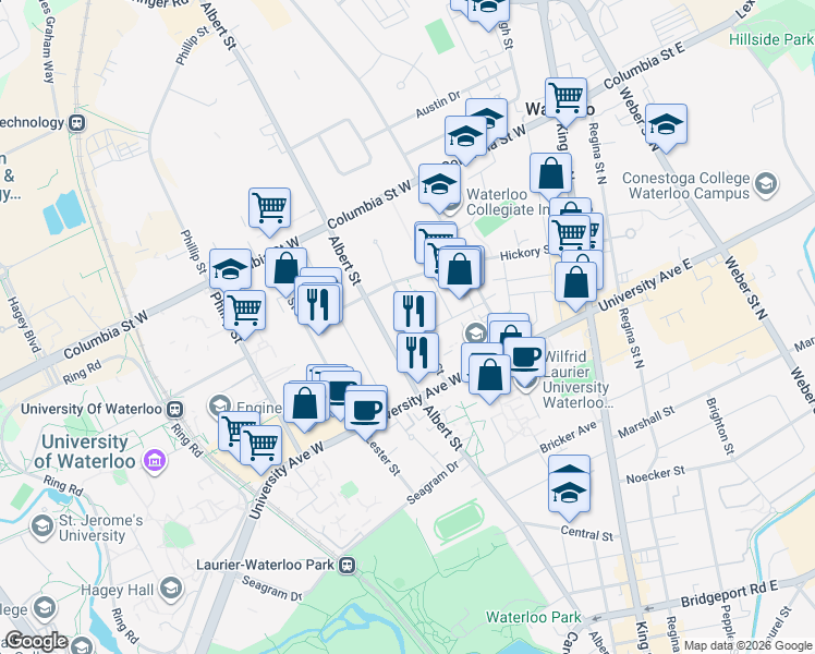 map of restaurants, bars, coffee shops, grocery stores, and more near 257 Hemlock Street in Waterloo