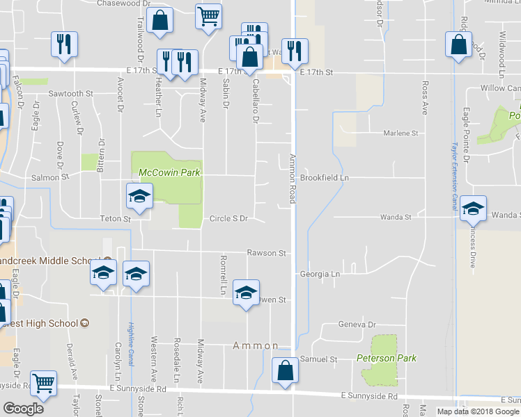 map of restaurants, bars, coffee shops, grocery stores, and more near 2335 Cabellaro Drive in Ammon